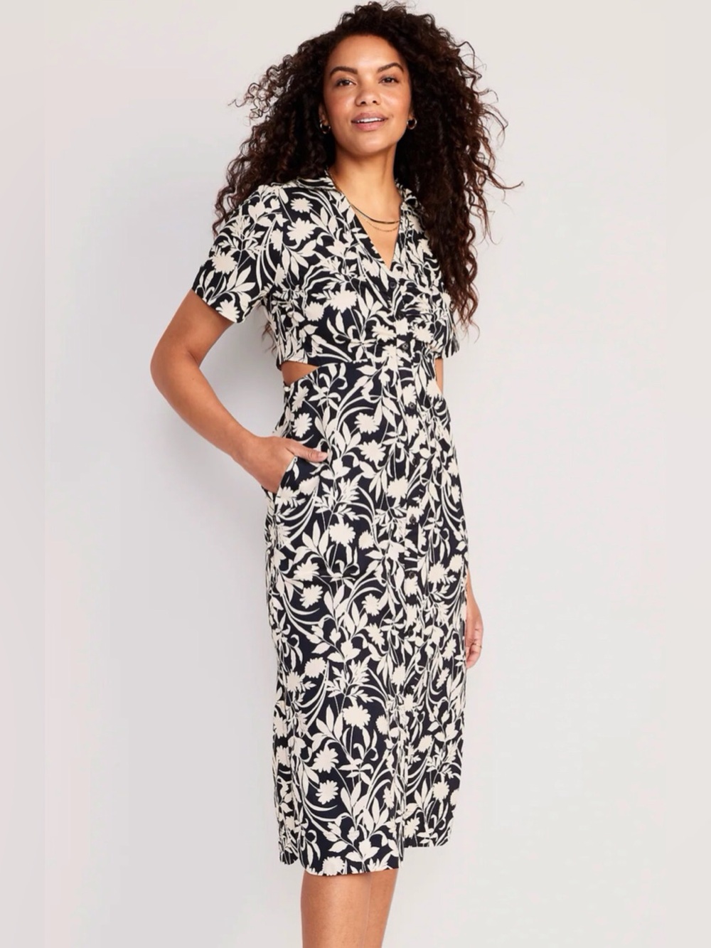 NWOT Old Navy XS Waist Defined Midi Shirt Dress Blue White Floral Cutout Pockets